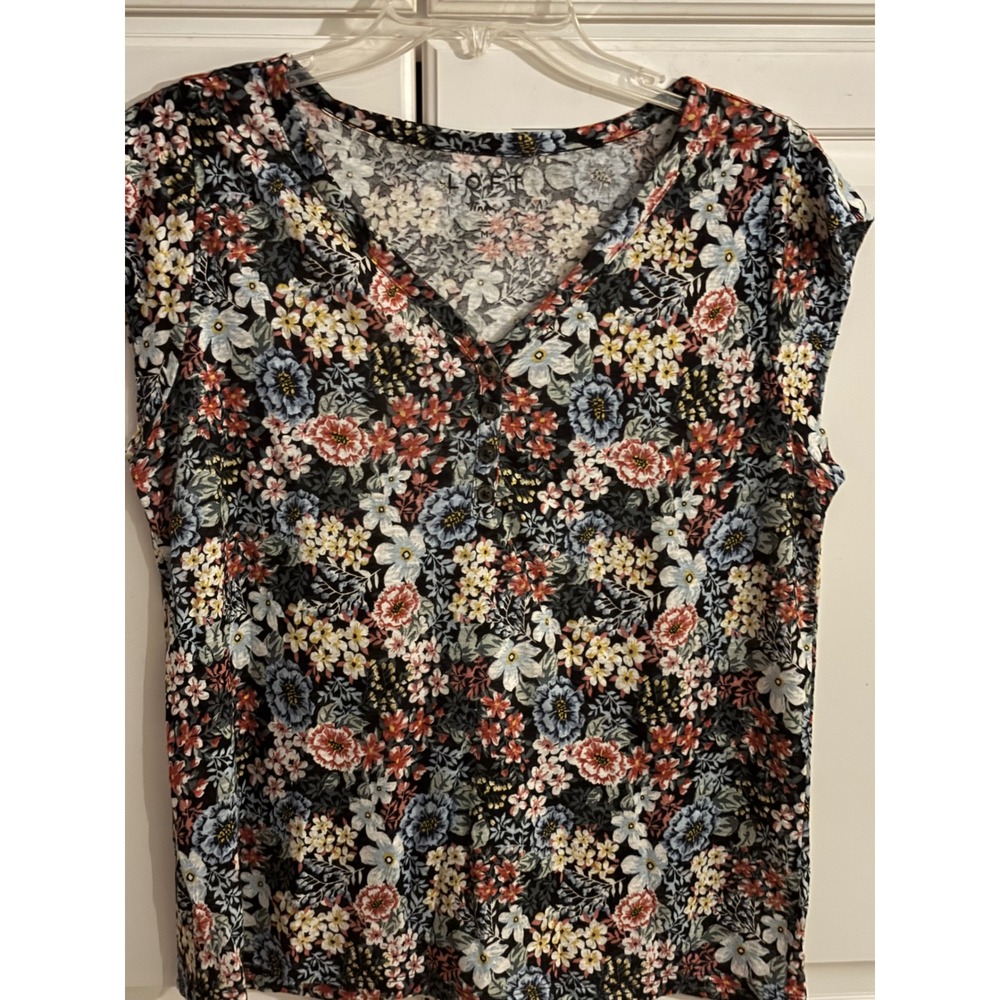 LOFT Women Floral Linen Blend V-Neck Henley Cap Sleeve Knit Top Multi Color M